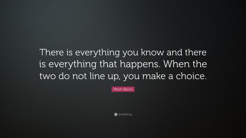 Mitch Albom Quote: “There is everything you know and there is everything that happens. When the two do not line up, you make a choice.”