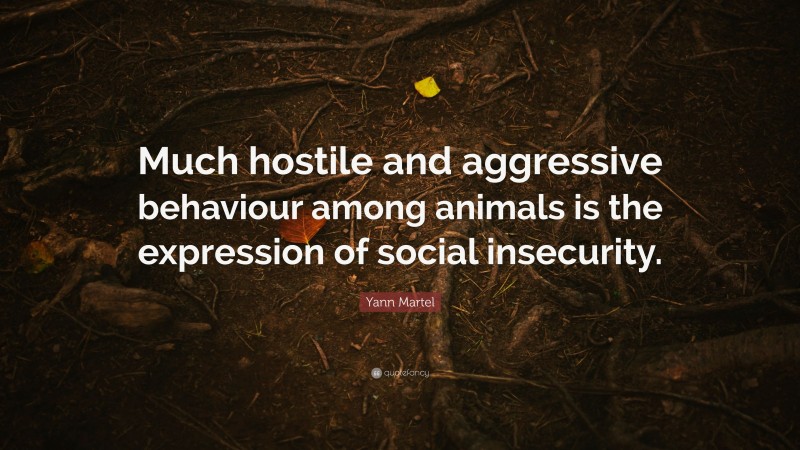 Yann Martel Quote: “Much hostile and aggressive behaviour among animals is the expression of social insecurity.”