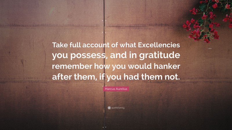 Marcus Aurelius Quote: “Take full account of what Excellencies you possess, and in gratitude remember how you would hanker after them, if you had them not.”