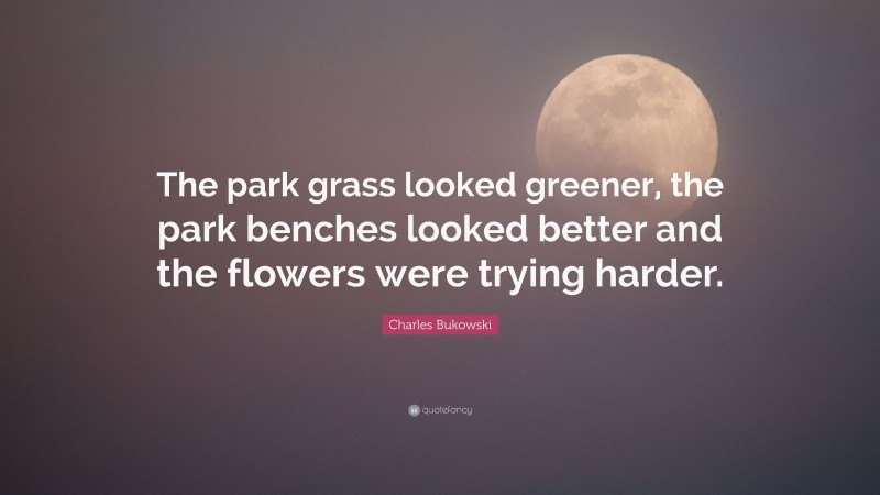 Charles Bukowski Quote: “The park grass looked greener, the park benches looked better and the flowers were trying harder.”