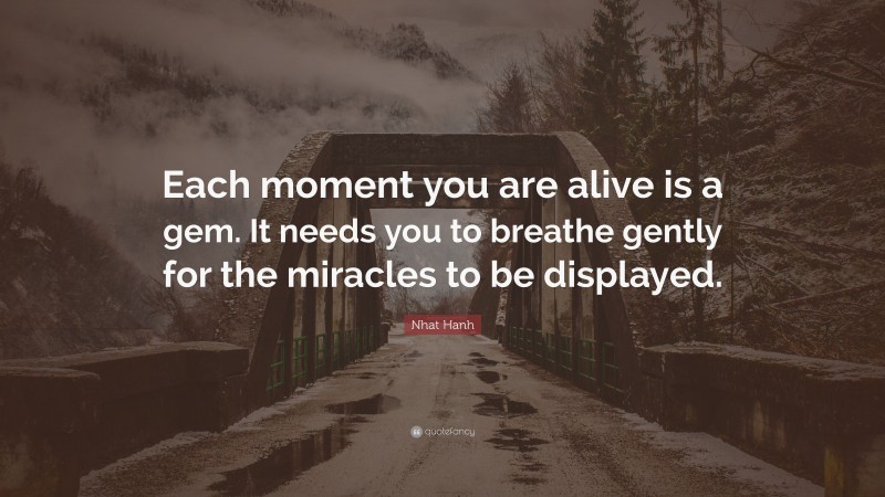Nhat Hanh Quote: “Each moment you are alive is a gem. It needs you to breathe gently for the miracles to be displayed.”