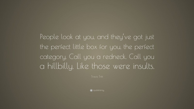 Travis Tritt Quote: “People look at you, and they’ve got just the perfect little box for you, the perfect category. Call you a redneck. Call you a hillbilly. Like those were insults.”