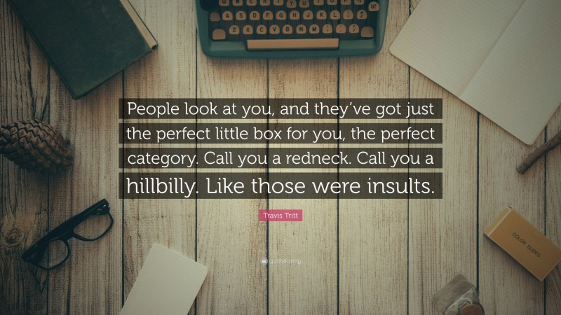 Travis Tritt Quote: “People look at you, and they’ve got just the perfect little box for you, the perfect category. Call you a redneck. Call you a hillbilly. Like those were insults.”