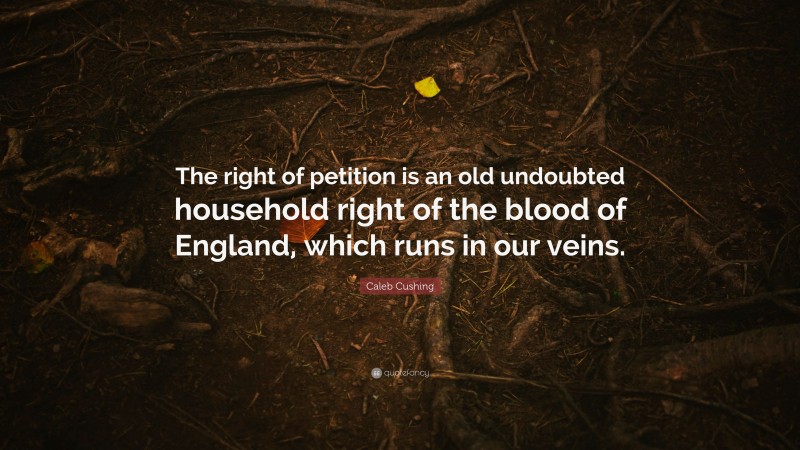 Caleb Cushing Quote: “The right of petition is an old undoubted household right of the blood of England, which runs in our veins.”