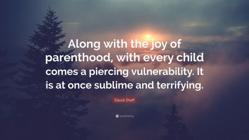 David Sheff Quote: “Along with the joy of parenthood, with every child comes a piercing vulnerability. It is at once sublime and terrifying.”