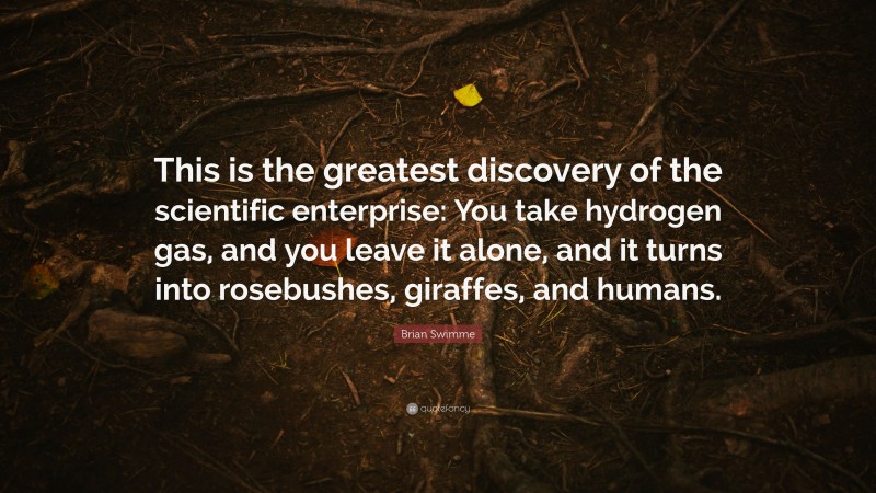 Brian Swimme Quote: “This is the greatest discovery of the scientific enterprise: You take hydrogen gas, and you leave it alone, and it turns into rosebushes, giraffes, and humans.”