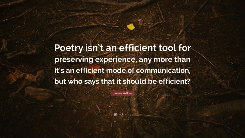 James Arthur Quote: “Poetry isn’t an efficient tool for preserving experience, any more than it’s an efficient mode of communication, but who says that it should be efficient?”