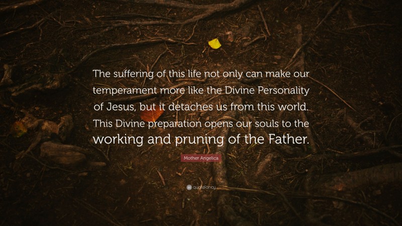 Mother Angelica Quote: “The suffering of this life not only can make our temperament more like the Divine Personality of Jesus, but it detaches us from this world. This Divine preparation opens our souls to the working and pruning of the Father.”