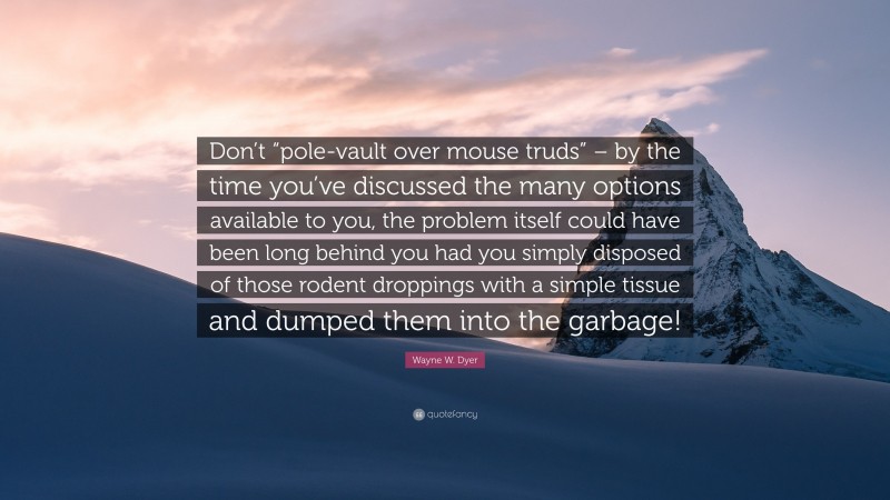 Wayne W. Dyer Quote: “Don’t “pole-vault over mouse truds” – by the time you’ve discussed the many options available to you, the problem itself could have been long behind you had you simply disposed of those rodent droppings with a simple tissue and dumped them into the garbage!”