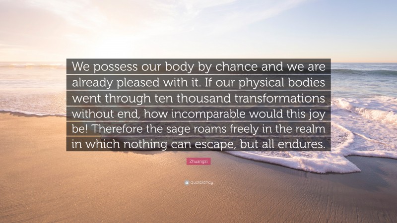 Zhuangzi Quote: “We possess our body by chance and we are already pleased with it. If our physical bodies went through ten thousand transformations without end, how incomparable would this joy be! Therefore the sage roams freely in the realm in which nothing can escape, but all endures.”