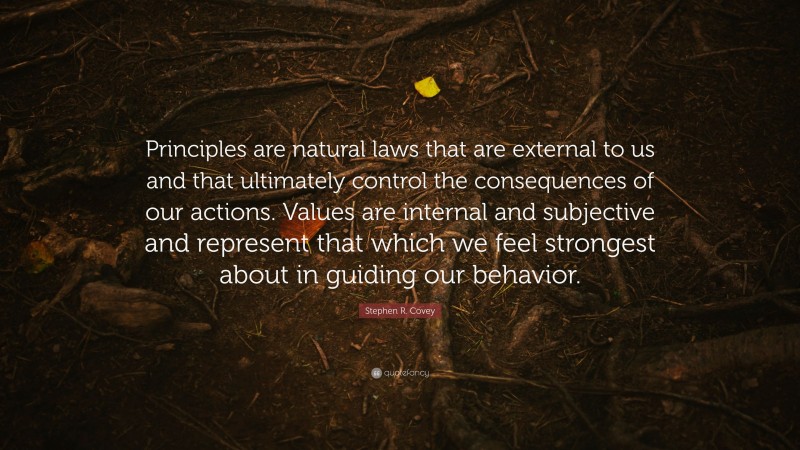 Stephen R. Covey Quote: “Principles are natural laws that are external to us and that ultimately control the consequences of our actions. Values are internal and subjective and represent that which we feel strongest about in guiding our behavior.”