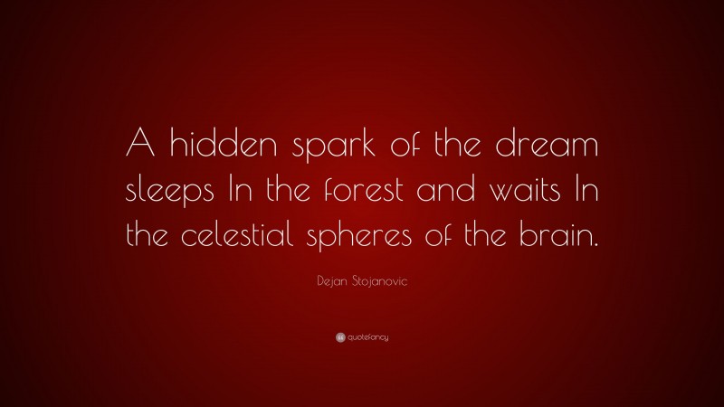 Dejan Stojanovic Quote: “A hidden spark of the dream sleeps In the forest and waits In the celestial spheres of the brain.”