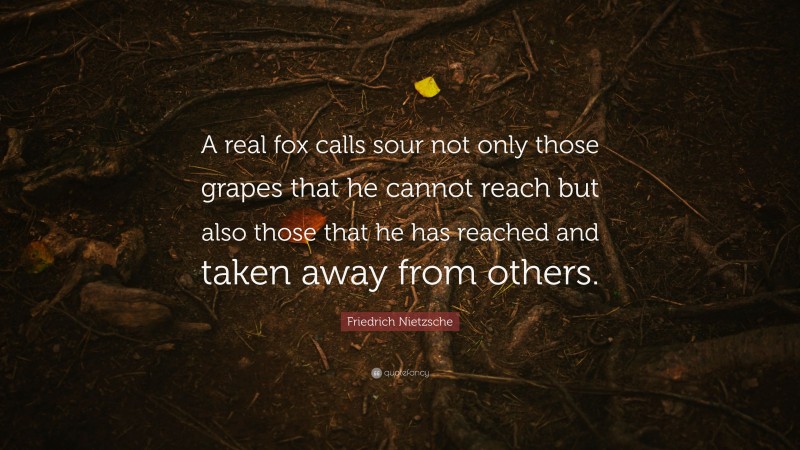 Friedrich Nietzsche Quote: “A real fox calls sour not only those grapes that he cannot reach but also those that he has reached and taken away from others.”