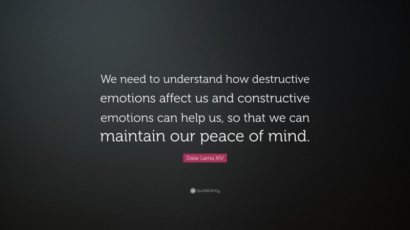 Dalai Lama XIV Quote: “We need to understand how destructive emotions affect us and constructive emotions can help us, so that we can maintain our peace of mind.”