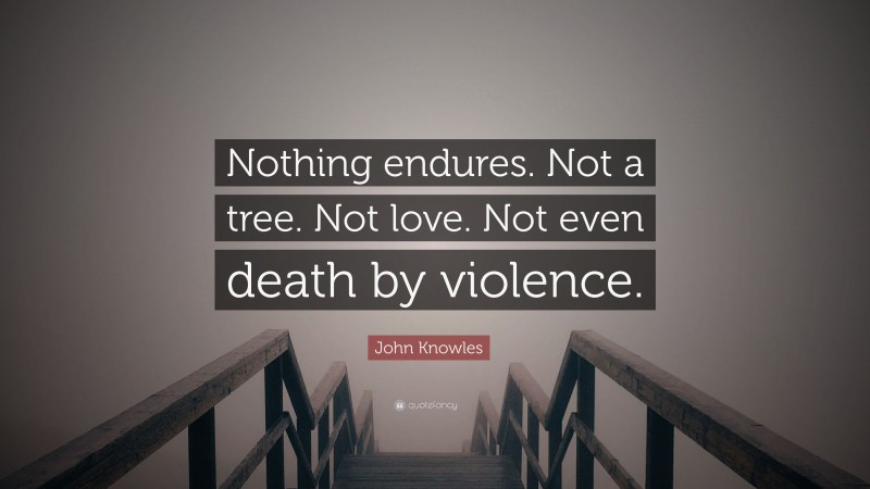 John Knowles Quote: “Nothing endures. Not a tree. Not love. Not even death by violence.”