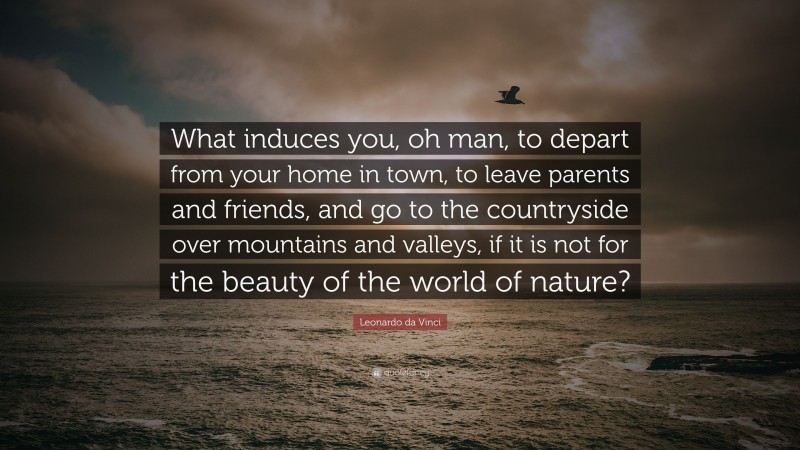 Leonardo da Vinci Quote: “What induces you, oh man, to depart from your home in town, to leave parents and friends, and go to the countryside over mountains and valleys, if it is not for the beauty of the world of nature?”