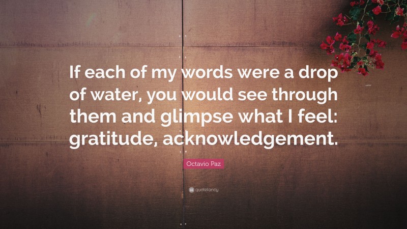 Octavio Paz Quote: “If each of my words were a drop of water, you would see through them and glimpse what I feel: gratitude, acknowledgement.”
