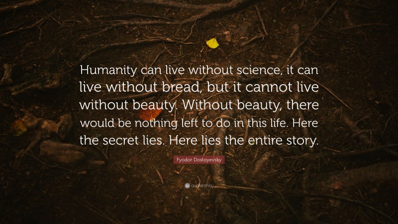 Fyodor Dostoyevsky Quote: “Humanity can live without science, it can live without bread, but it cannot live without beauty. Without beauty, there would be nothing left to do in this life. Here the secret lies. Here lies the entire story.”