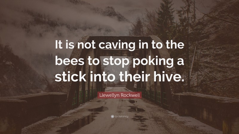 Llewellyn Rockwell Quote: “It is not caving in to the bees to stop poking a stick into their hive.”
