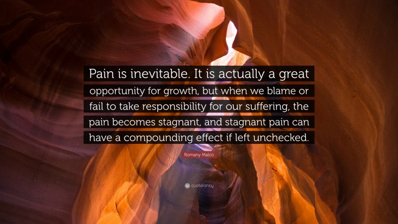 Romany Malco Quote: “Pain is inevitable. It is actually a great opportunity for growth, but when we blame or fail to take responsibility for our suffering, the pain becomes stagnant, and stagnant pain can have a compounding effect if left unchecked.”