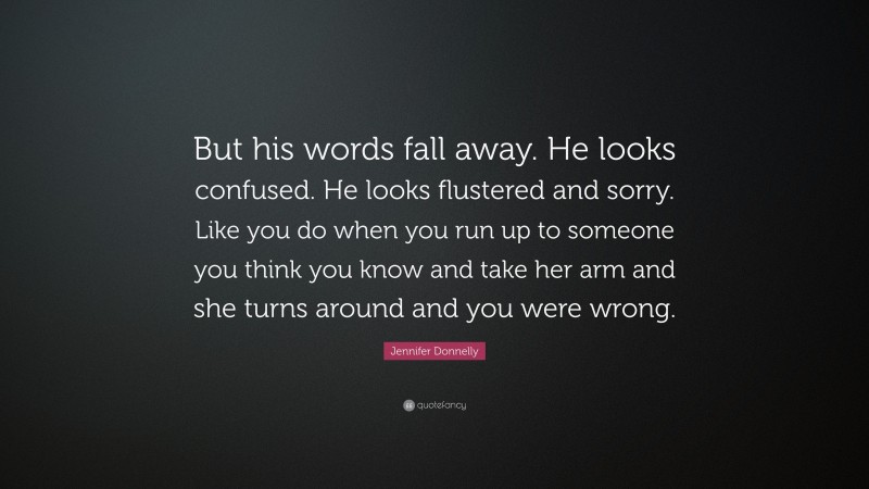 Jennifer Donnelly Quote: “But his words fall away. He looks confused. He looks flustered and sorry. Like you do when you run up to someone you think you know and take her arm and she turns around and you were wrong.”