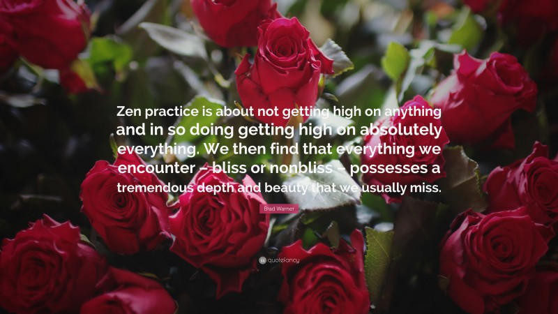 Brad Warner Quote: “Zen practice is about not getting high on anything and in so doing getting high on absolutely everything. We then find that everything we encounter – bliss or nonbliss – possesses a tremendous depth and beauty that we usually miss.”