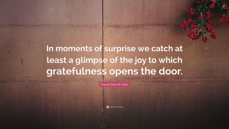 David Steindl-Rast Quote: “In moments of surprise we catch at least a glimpse of the joy to which gratefulness opens the door.”