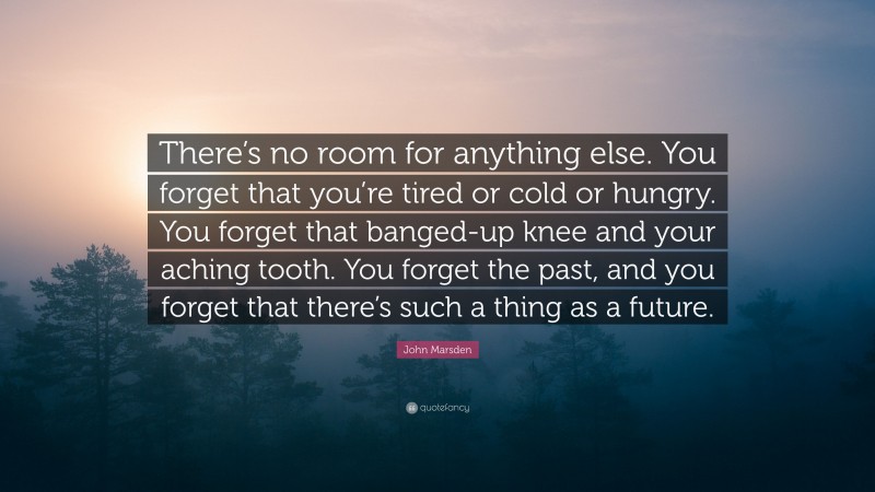 John Marsden Quote: “There’s no room for anything else. You forget that you’re tired or cold or hungry. You forget that banged-up knee and your aching tooth. You forget the past, and you forget that there’s such a thing as a future.”