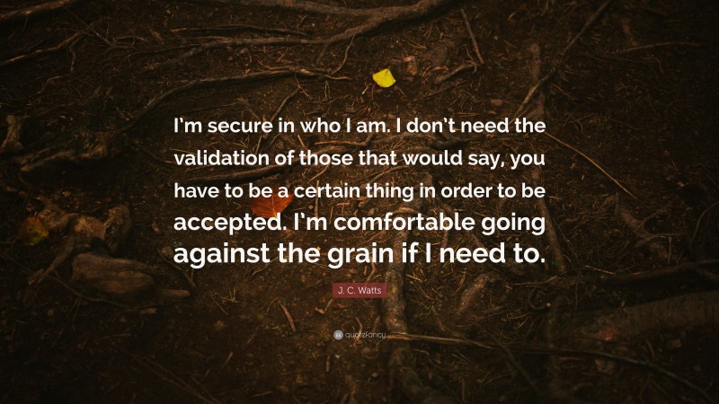 J. C. Watts Quote: “I’m secure in who I am. I don’t need the validation of those that would say, you have to be a certain thing in order to be accepted. I’m comfortable going against the grain if I need to.”