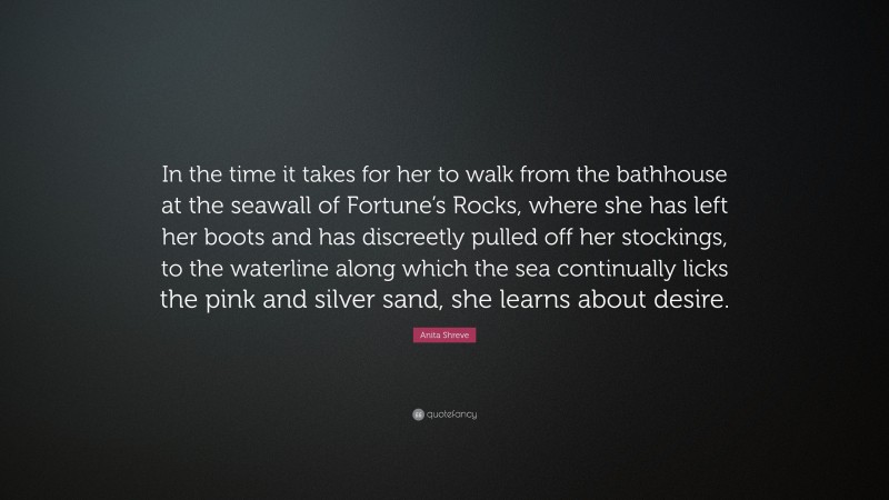 Anita Shreve Quote: “In the time it takes for her to walk from the bathhouse at the seawall of Fortune’s Rocks, where she has left her boots and has discreetly pulled off her stockings, to the waterline along which the sea continually licks the pink and silver sand, she learns about desire.”