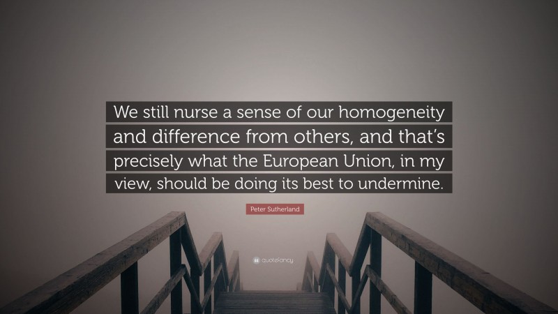 Peter Sutherland Quote: “We still nurse a sense of our homogeneity and difference from others, and that’s precisely what the European Union, in my view, should be doing its best to undermine.”