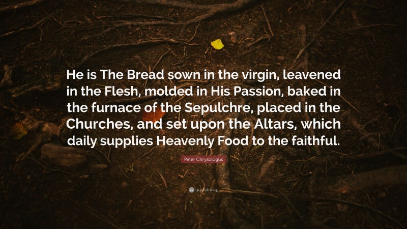 Peter Chrysologus Quote: “He is The Bread sown in the virgin, leavened in the Flesh, molded in His Passion, baked in the furnace of the Sepulchre, placed in the Churches, and set upon the Altars, which daily supplies Heavenly Food to the faithful.”
