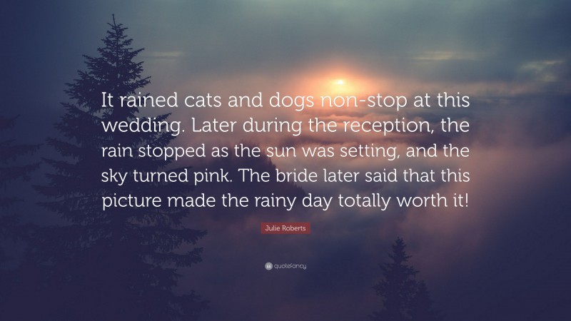 Julie Roberts Quote: “It rained cats and dogs non-stop at this wedding. Later during the reception, the rain stopped as the sun was setting, and the sky turned pink. The bride later said that this picture made the rainy day totally worth it!”