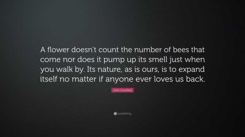John Douillard Quote: “A flower doesn’t count the number of bees that come nor does it pump up its smell just when you walk by. Its nature, as is ours, is to expand itself no matter if anyone ever loves us back.”