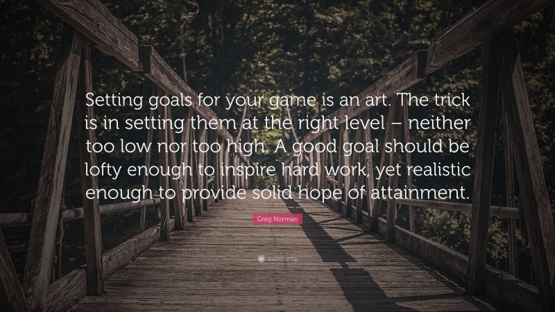 Greg Norman Quote: “Setting goals for your game is an art. The trick is in setting them at the right level – neither too low nor too high. A good goal should be lofty enough to inspire hard work, yet realistic enough to provide solid hope of attainment.”