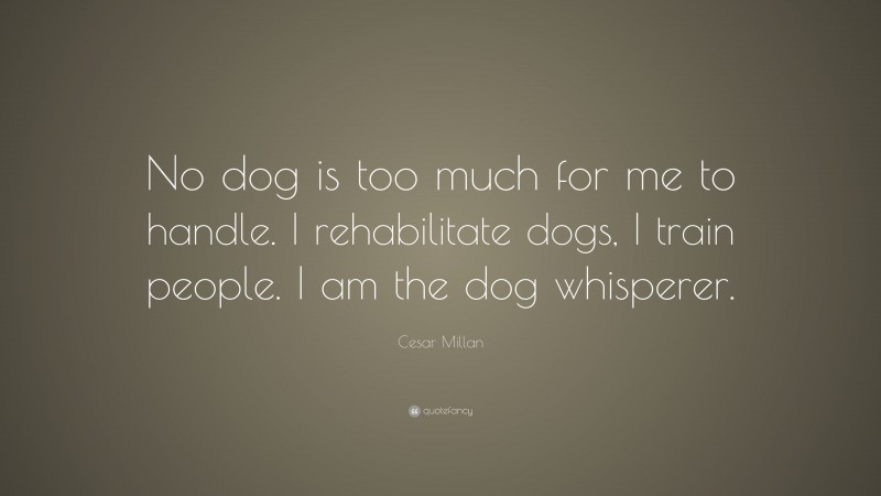 Cesar Millan Quote: “No dog is too much for me to handle. I rehabilitate dogs, I train people. I am the dog whisperer.”