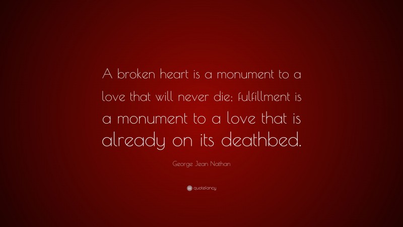 George Jean Nathan Quote: “A broken heart is a monument to a love that will never die; fulfillment is a monument to a love that is already on its deathbed.”