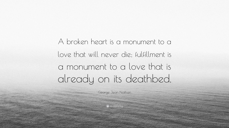 George Jean Nathan Quote: “A broken heart is a monument to a love that will never die; fulfillment is a monument to a love that is already on its deathbed.”