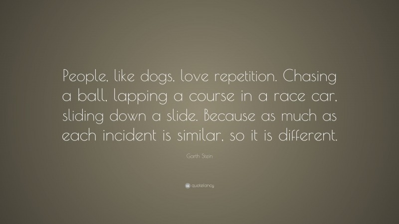 Garth Stein Quote: “People, like dogs, love repetition. Chasing a ball, lapping a course in a race car, sliding down a slide. Because as much as each incident is similar, so it is different.”