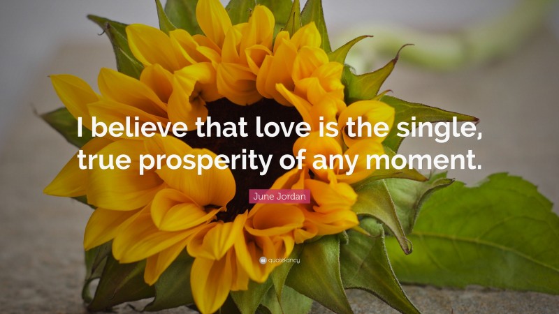 June Jordan Quote: “I believe that love is the single, true prosperity of any moment.”