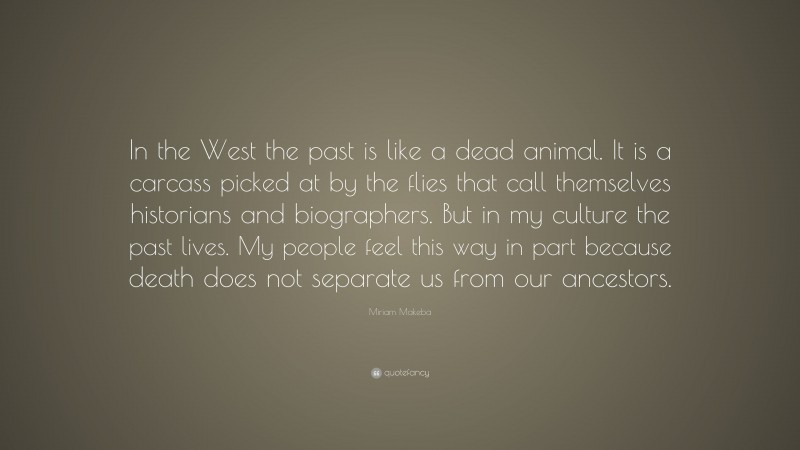 Miriam Makeba Quote: “In the West the past is like a dead animal. It is a carcass picked at by the flies that call themselves historians and biographers. But in my culture the past lives. My people feel this way in part because death does not separate us from our ancestors.”