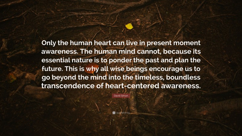 David Simon Quote: “Only the human heart can live in present moment awareness. The human mind cannot, because its essential nature is to ponder the past and plan the future. This is why all wise beings encourage us to go beyond the mind into the timeless, boundless transcendence of heart-centered awareness.”