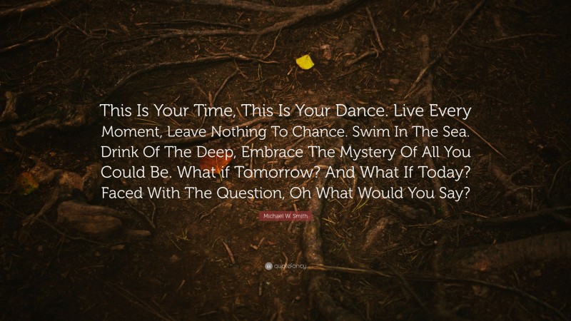Michael W. Smith Quote: “This Is Your Time, This Is Your Dance. Live Every Moment, Leave Nothing To Chance. Swim In The Sea. Drink Of The Deep, Embrace The Mystery Of All You Could Be. What if Tomorrow? And What If Today? Faced With The Question, Oh What Would You Say?”