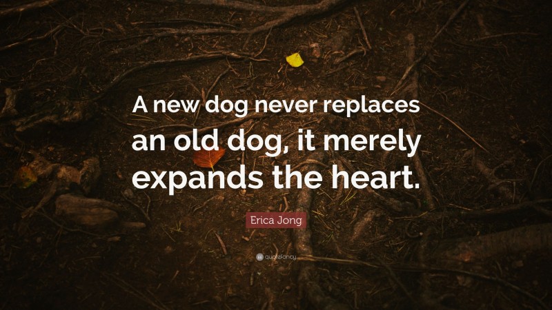 Erica Jong Quote: “A new dog never replaces an old dog, it merely expands the heart.”