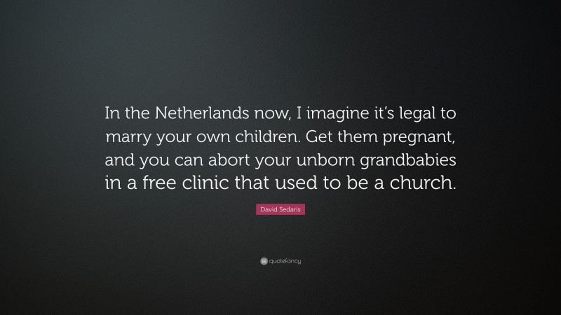 David Sedaris Quote: “In the Netherlands now, I imagine it’s legal to marry your own children. Get them pregnant, and you can abort your unborn grandbabies in a free clinic that used to be a church.”