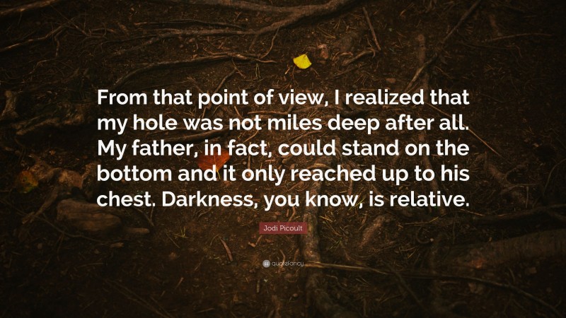 Jodi Picoult Quote: “From that point of view, I realized that my hole was not miles deep after all. My father, in fact, could stand on the bottom and it only reached up to his chest. Darkness, you know, is relative.”