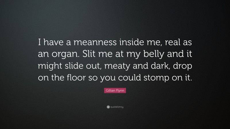 Gillian Flynn Quote: “I have a meanness inside me, real as an organ. Slit me at my belly and it might slide out, meaty and dark, drop on the floor so you could stomp on it.”