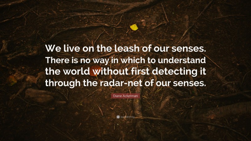 Diane Ackerman Quote: “We live on the leash of our senses. There is no way in which to understand the world without first detecting it through the radar-net of our senses.”