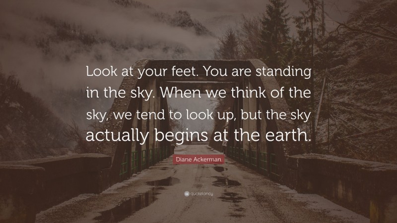 Diane Ackerman Quote: “Look at your feet. You are standing in the sky. When we think of the sky, we tend to look up, but the sky actually begins at the earth.”