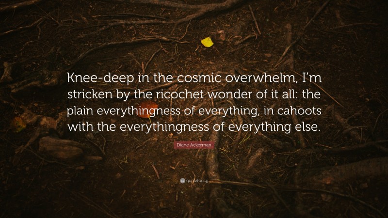 Diane Ackerman Quote: “Knee-deep in the cosmic overwhelm, I’m stricken by the ricochet wonder of it all: the plain everythingness of everything, in cahoots with the everythingness of everything else.”